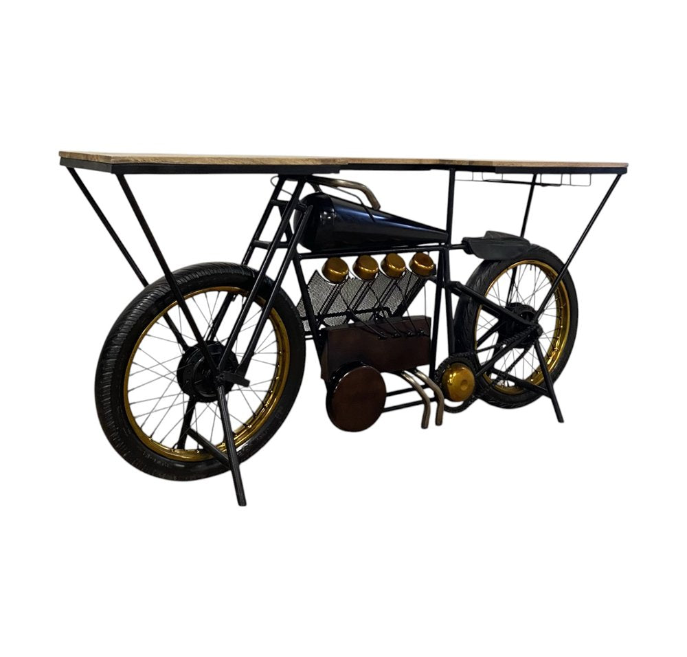 17" Black Metal and Solid Wood Motorcycle Bar Cart With Wine Storage