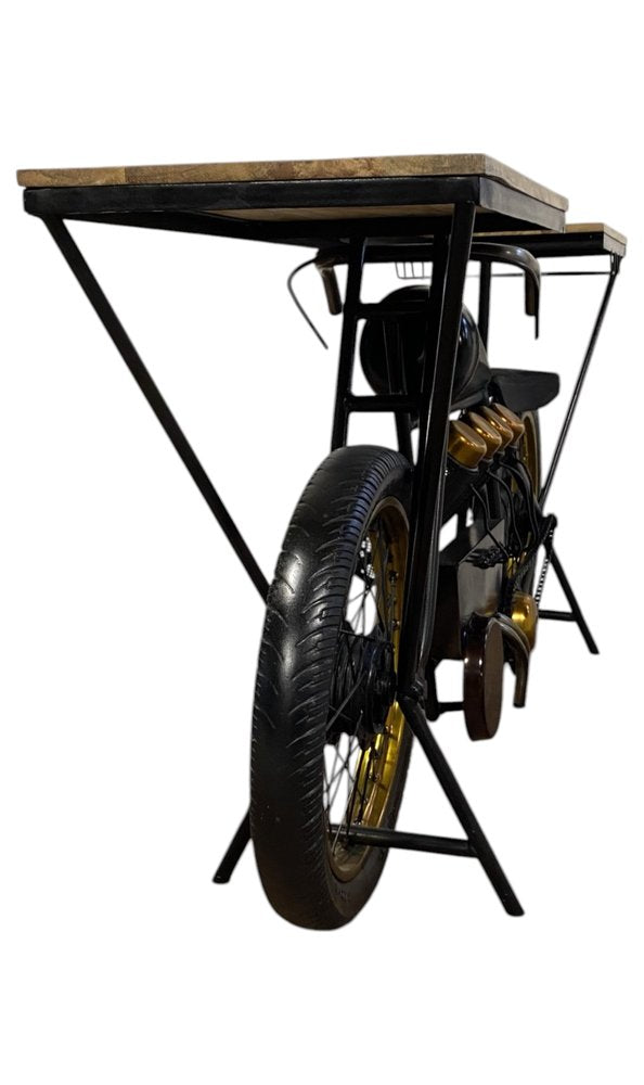 17" Black Metal and Solid Wood Motorcycle Bar Cart With Wine Storage