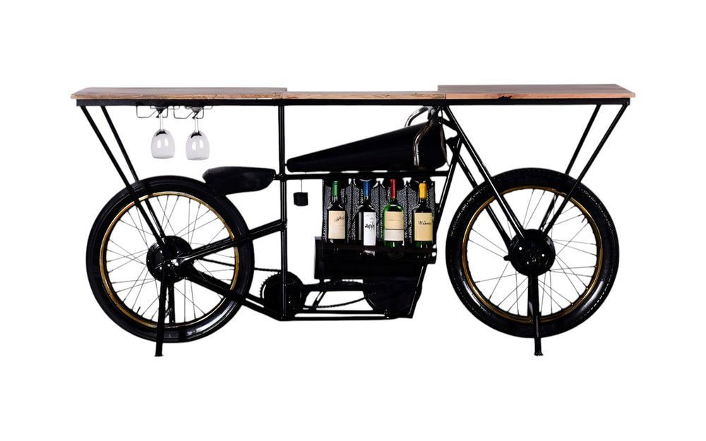 17" Black Metal and Solid Wood Motorcycle Bar Cart With Wine Storage
