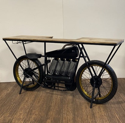 17" Black Metal and Solid Wood Motorcycle Bar Cart With Wine Storage