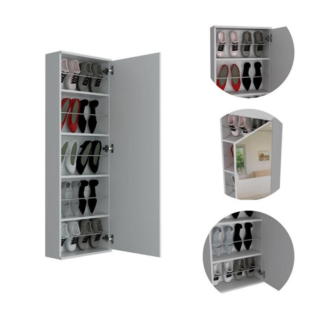 Stylish White Wall Mounted Shoe Rack with Mirror