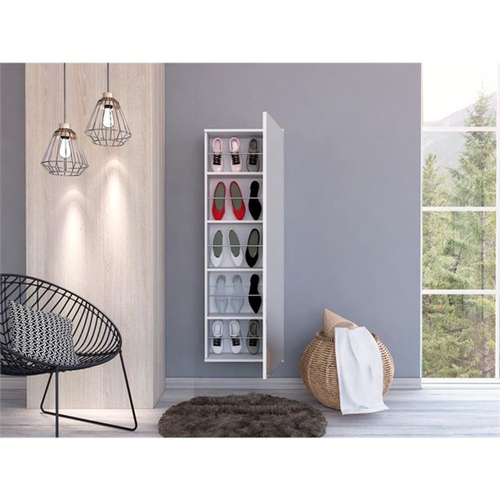 Stylish White Wall Mounted Shoe Rack with Mirror