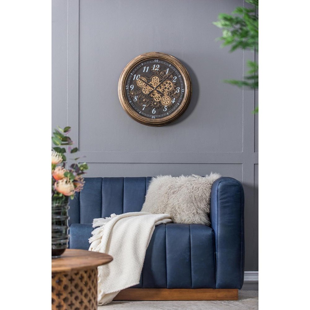 21" Circle Black and Gold Wood and Glass Analog Exposed Gear Wall Clock