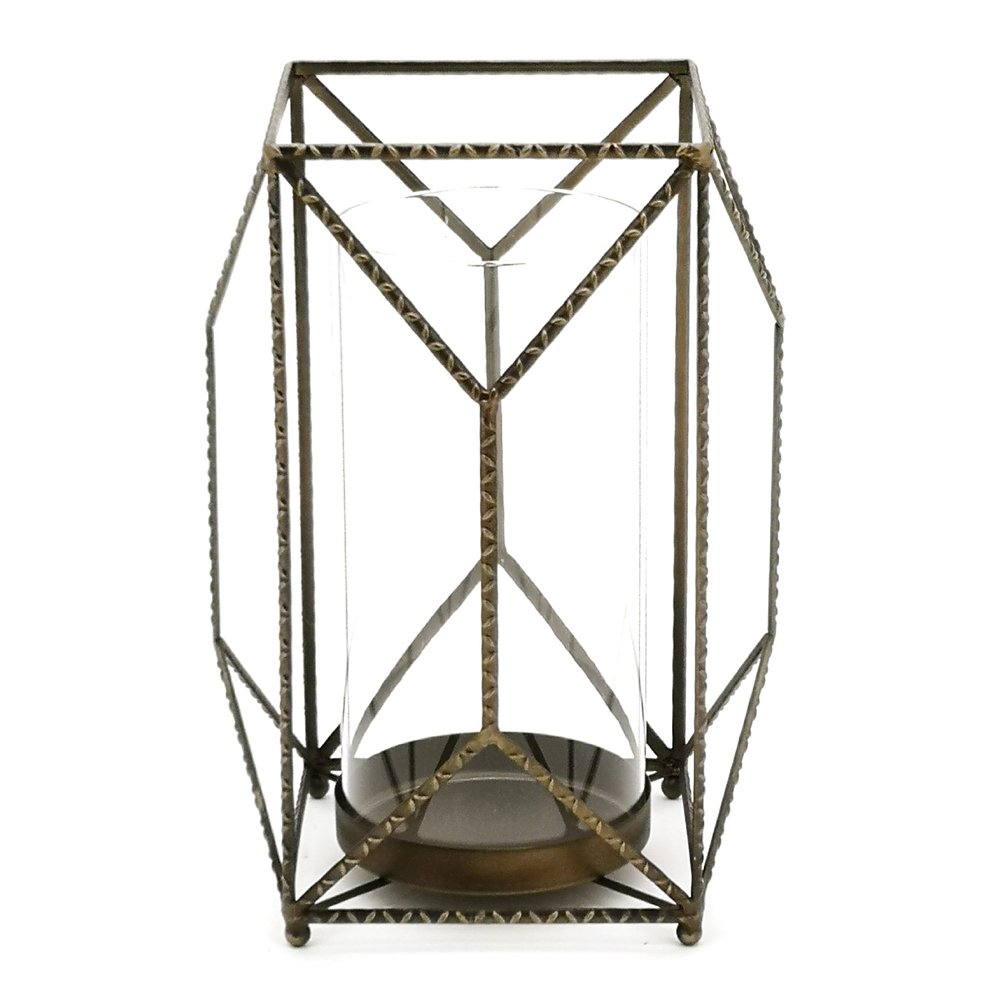 12" Gold Distressed Geometric Iron And Glass Floor Hurricane Candle Holder