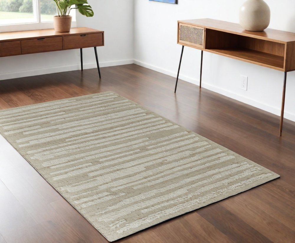 4' X 6' White and Tan Wool Striped Hand Woven Area Rug