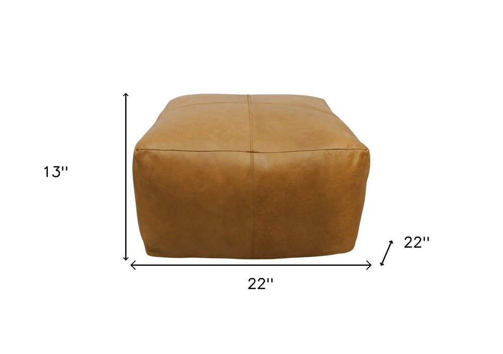 22" Tan Genuine Leather Pouf Ottoman