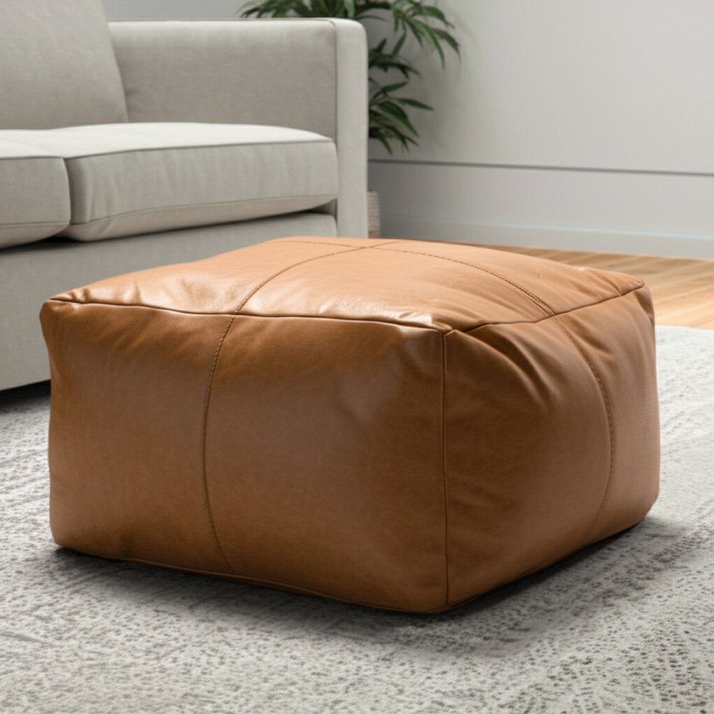 22" Tan Genuine Leather Pouf Ottoman