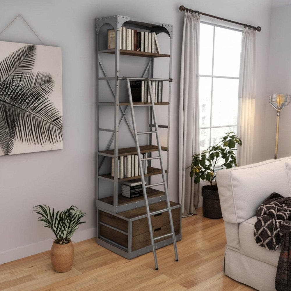 32" Light Brown And Nickel Metal and Solid Wood Five Tier Library Bookcase with Two Drawers