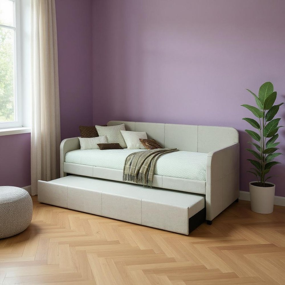 White and Light Gray Wood And Linen Twin Bed Frame