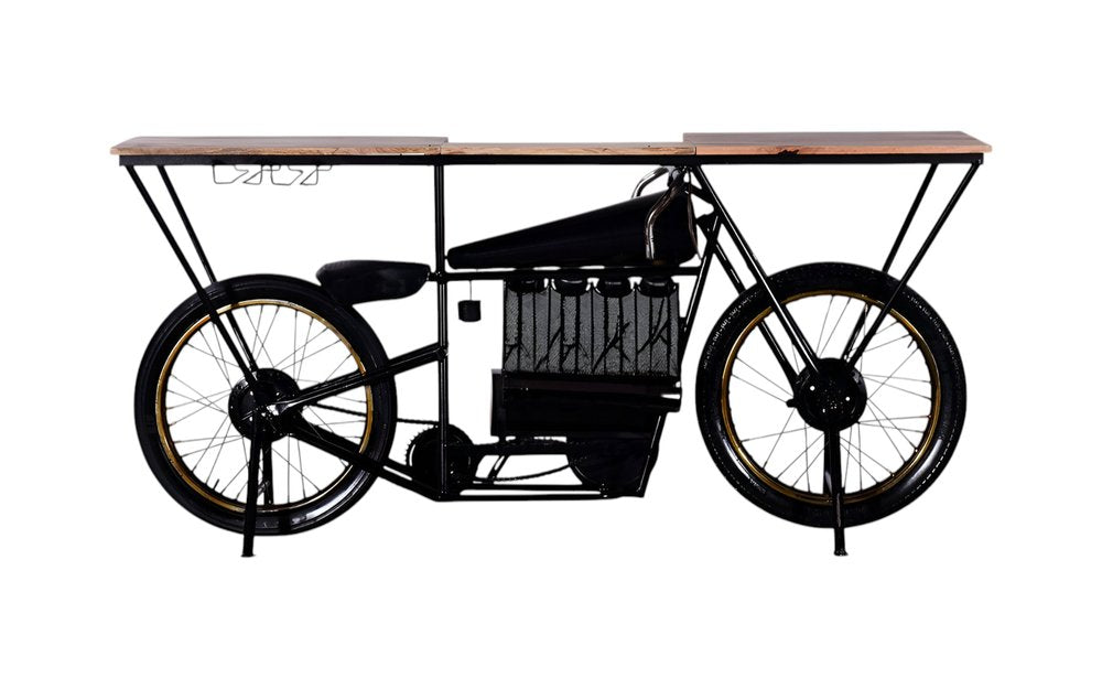 17" Black Metal and Solid Wood Motorcycle Bar Cart With Wine Storage