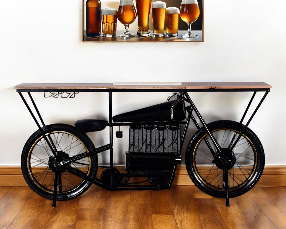 17" Black Metal and Solid Wood Motorcycle Bar Cart With Wine Storage