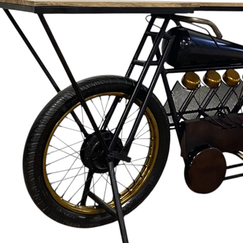 17" Black Metal and Solid Wood Motorcycle Bar Cart With Wine Storage