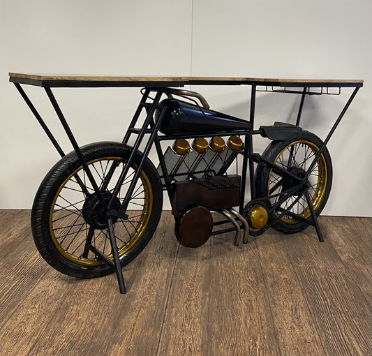 17" Black Metal and Solid Wood Motorcycle Bar Cart With Wine Storage