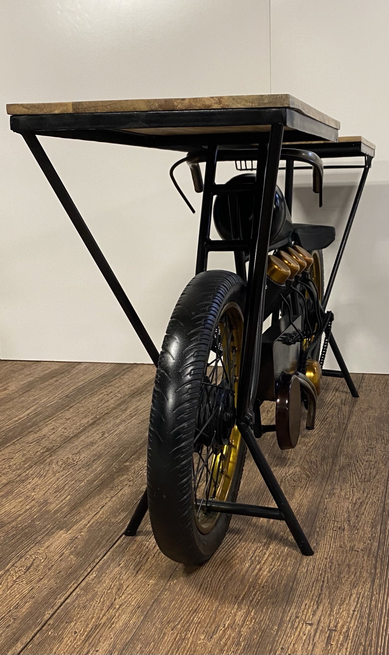 17" Black Metal and Solid Wood Motorcycle Bar Cart With Wine Storage