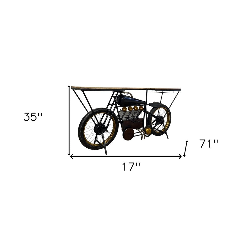 17" Black Metal and Solid Wood Motorcycle Bar Cart With Wine Storage