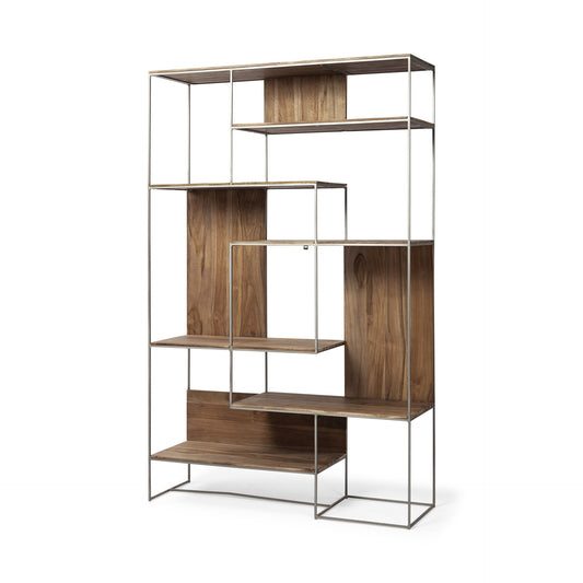 75" Brown And Silver Metal and Wood Six Tier Bookcase