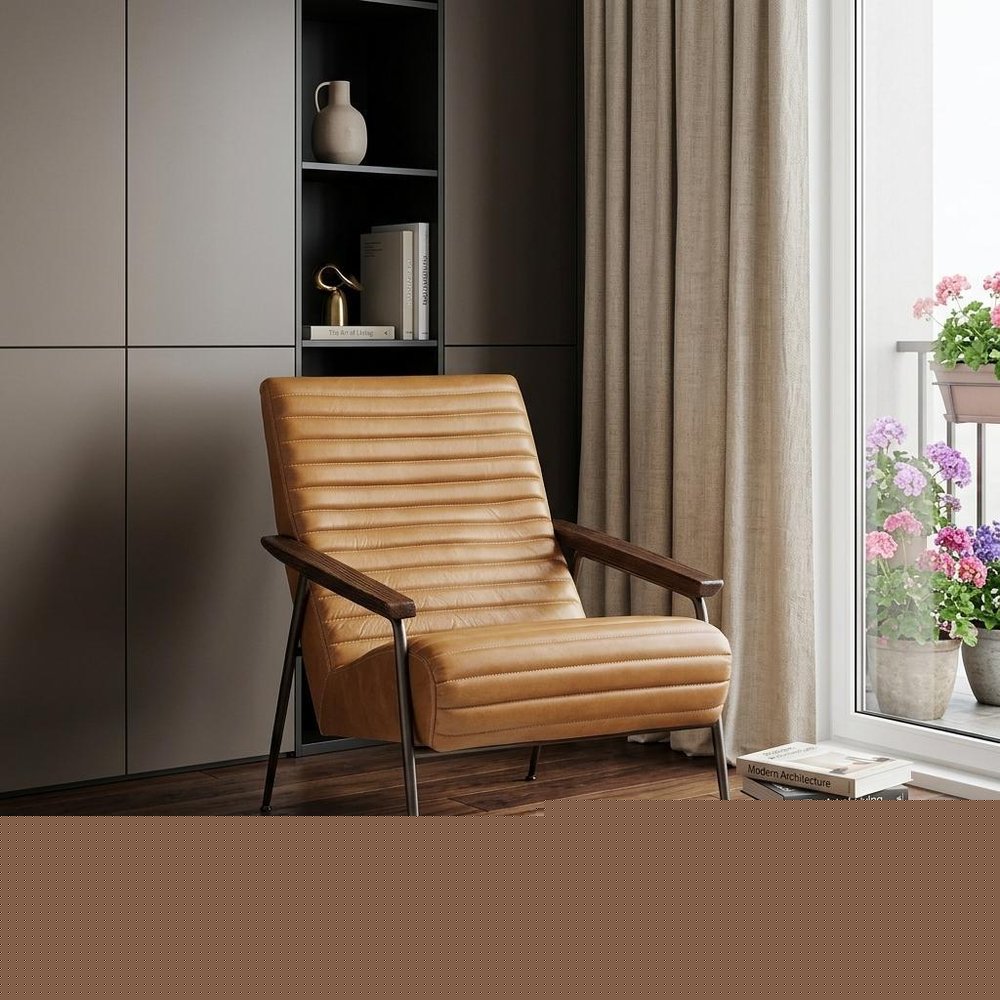 37" Tan and Black Faux Leather Tufted Lounge Chair