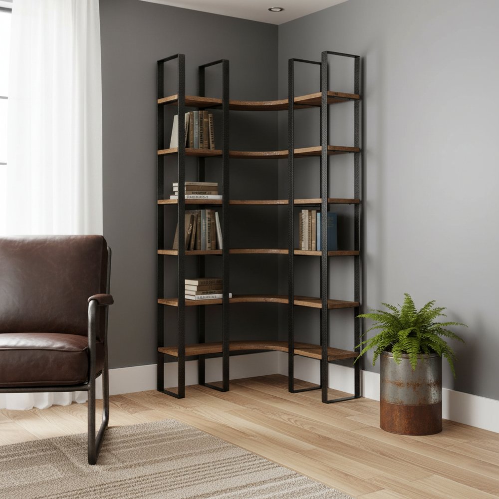 90" Black And Brown Iron and Wood Six Tier Bookcase