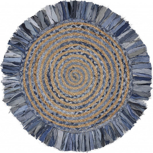 4' Beige And Blue Abstract Geometric Hand Woven Round Rug