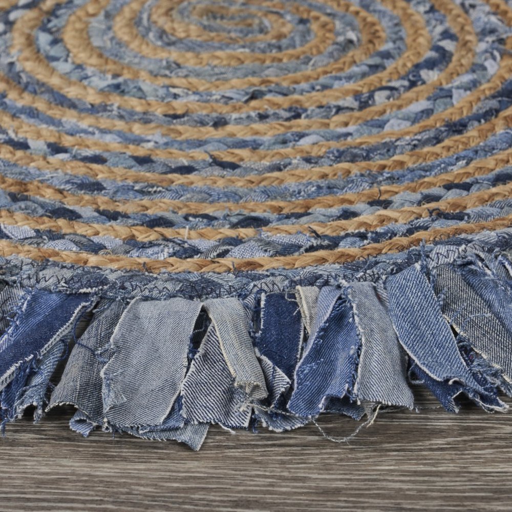 4' Beige And Blue Abstract Geometric Hand Woven Round Rug
