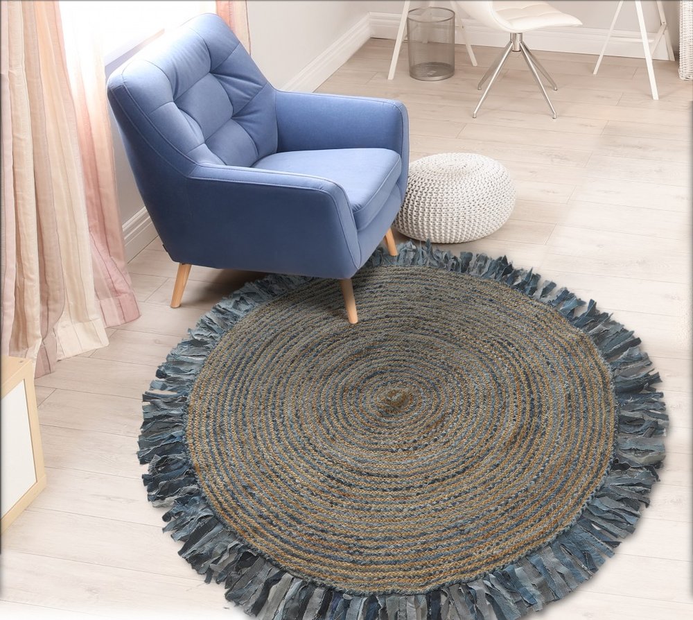 4' Beige And Blue Abstract Geometric Hand Woven Round Rug