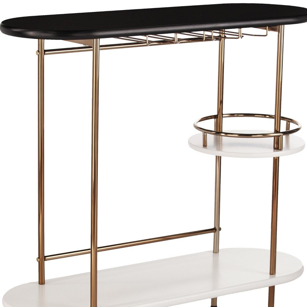 Gold Black and White Metal Oval Bar Cart With Wine Storage
