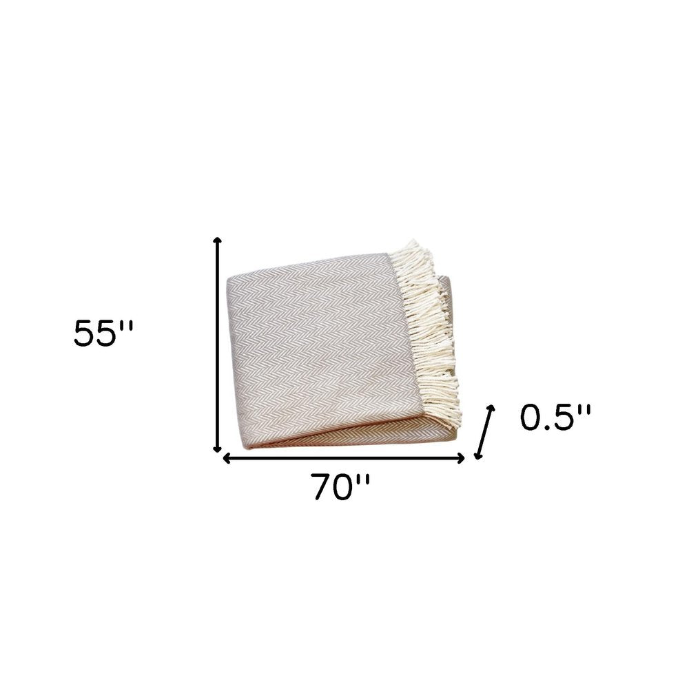 70" X 55" Gray And White Herringbone Cotton Blend Woven Throw Blanket with Tassels