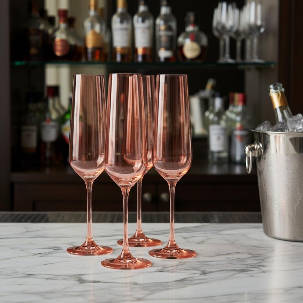 Set of Four Coral Crystal Narrow Stemmed Champagne Flutes