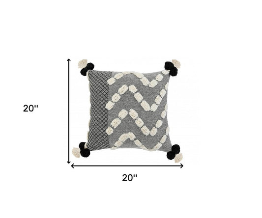 20" Black Gray And Cream Cotton Geometric Throw Pillow with Pompoms