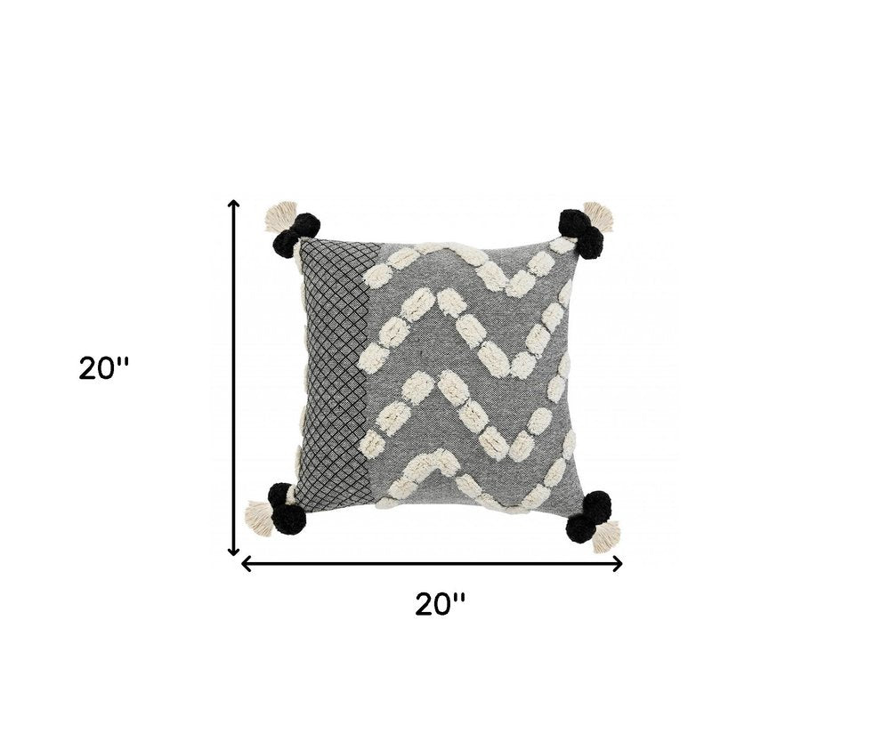 20" Black Gray And Cream Cotton Geometric Throw Pillow with Pompoms