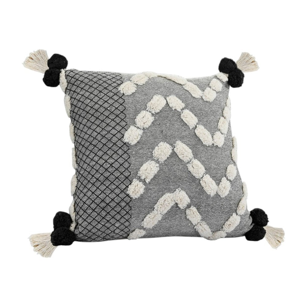 20" Black Gray And Cream Cotton Geometric Throw Pillow with Pompoms