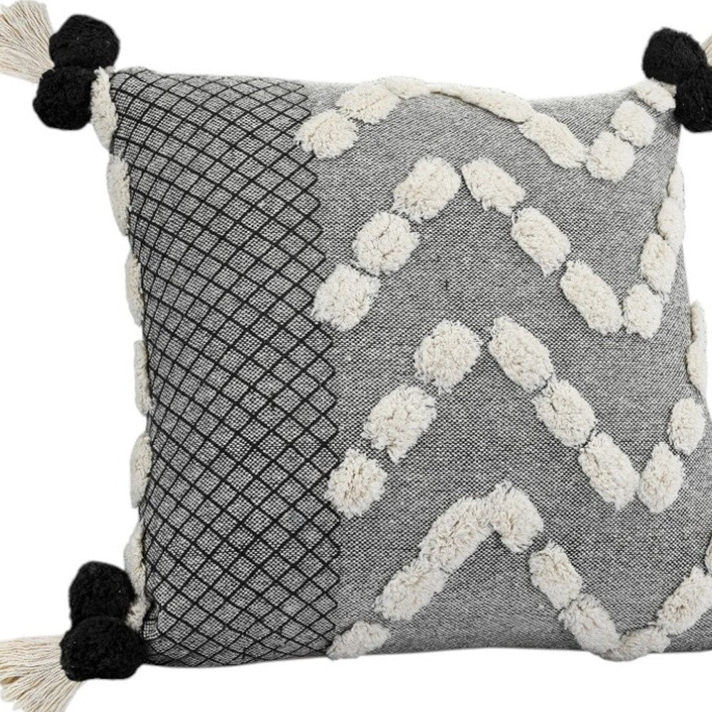 20" Black Gray And Cream Cotton Geometric Throw Pillow with Pompoms