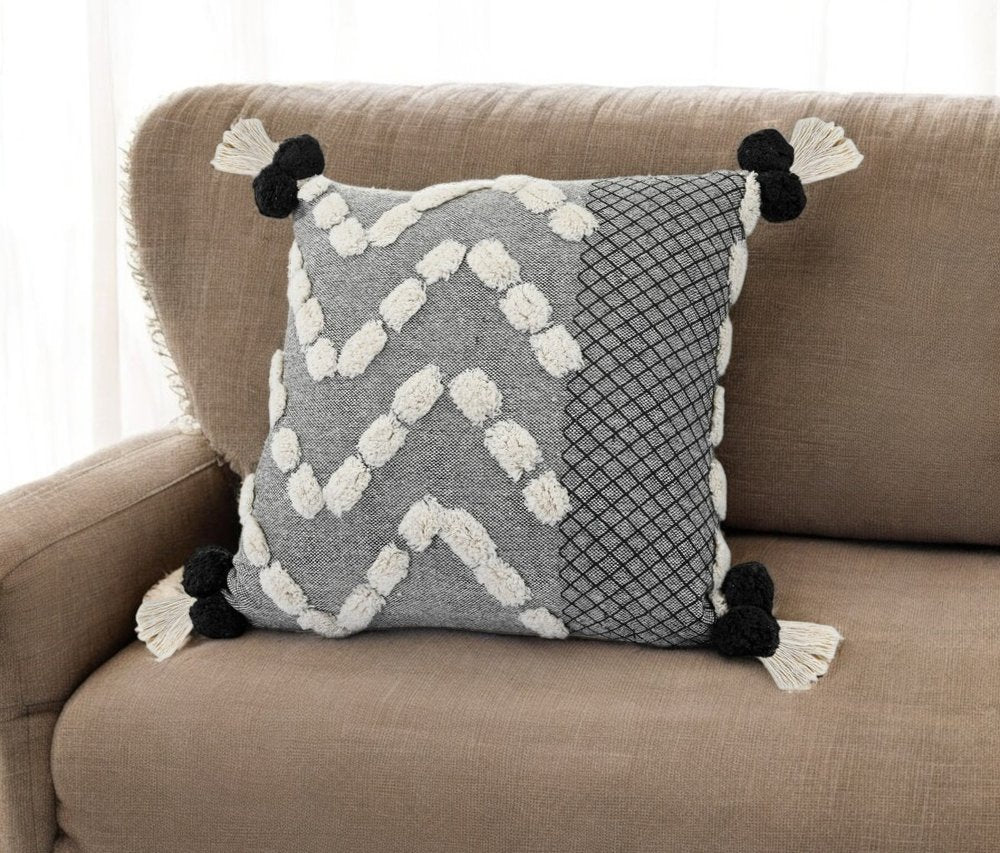 20" Black Gray And Cream Cotton Geometric Throw Pillow with Pompoms