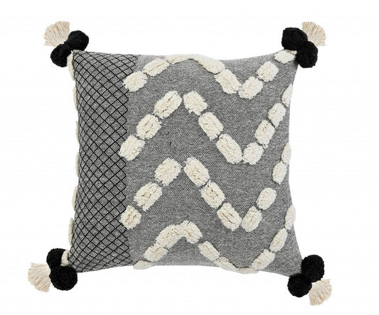 20" Black Gray And Cream Cotton Geometric Throw Pillow with Pompoms