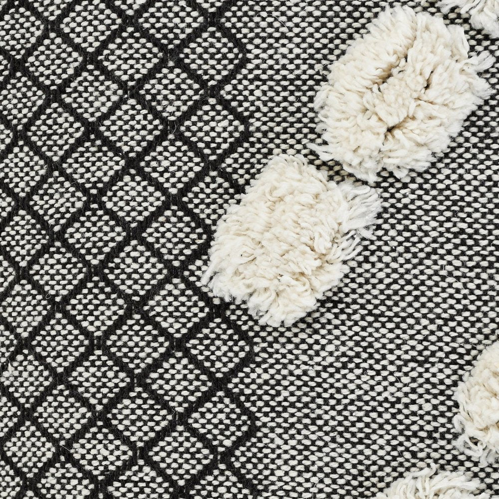 20" Black Gray And Cream Cotton Geometric Throw Pillow with Pompoms