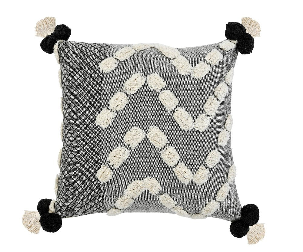 20" Black Gray And Cream Cotton Geometric Throw Pillow with Pompoms
