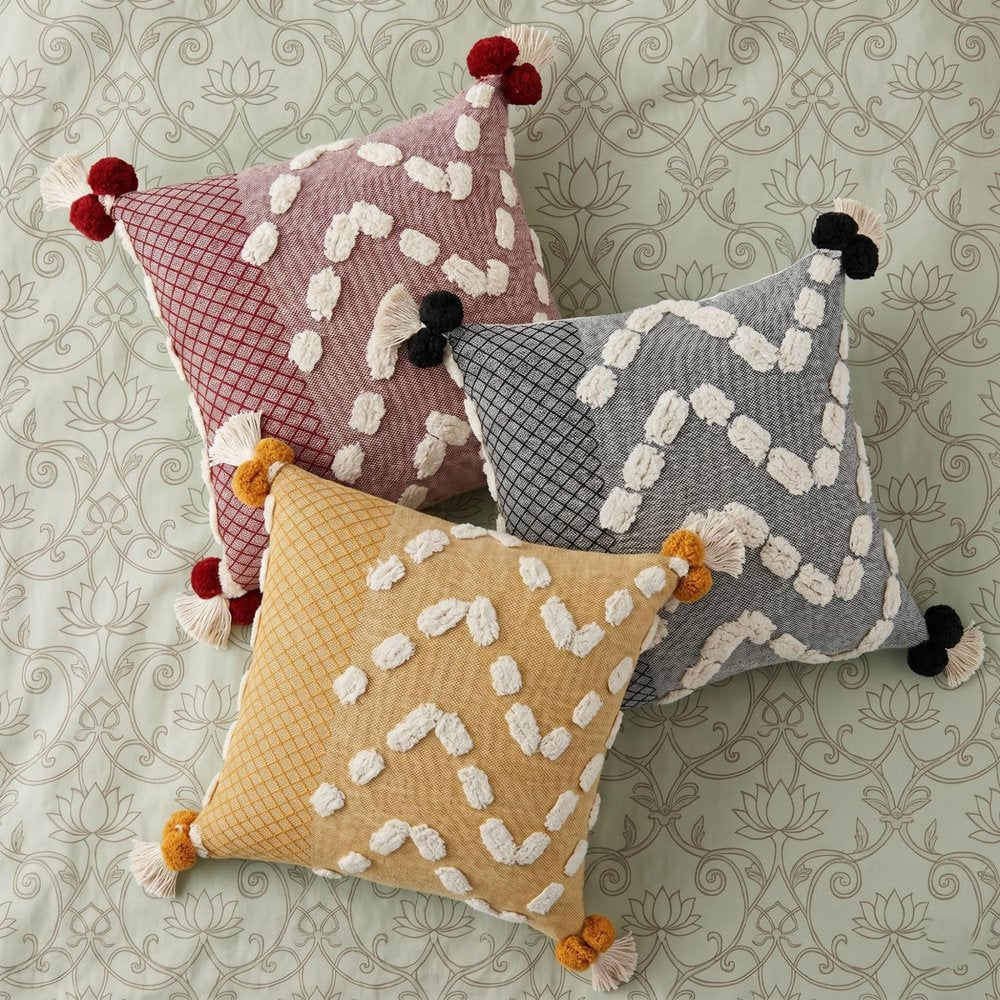 20" Black Gray And Cream Cotton Geometric Throw Pillow with Pompoms