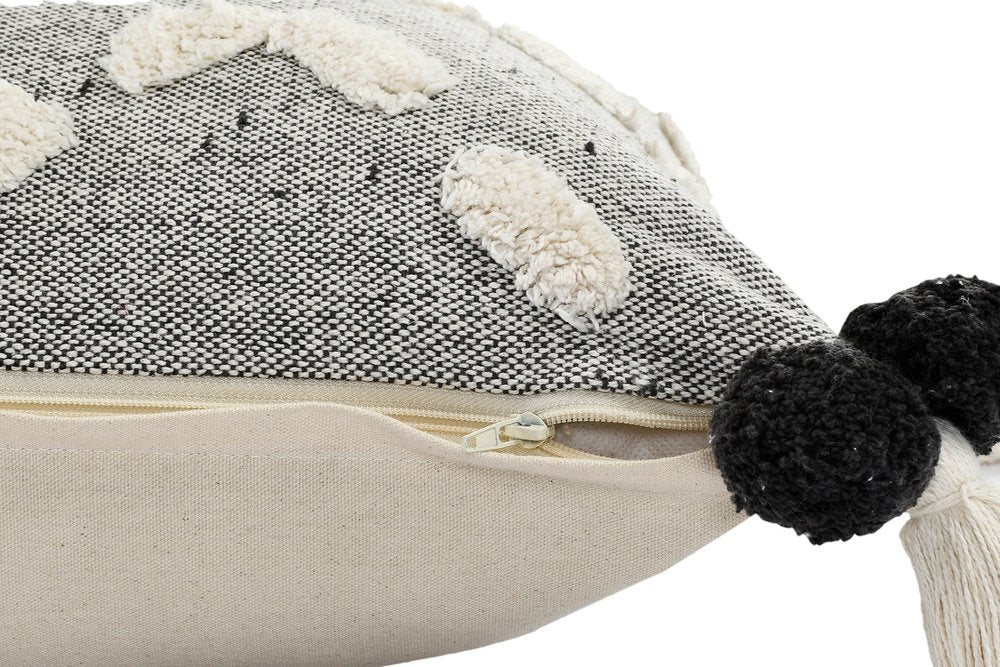 20" Black Gray And Cream Cotton Geometric Throw Pillow with Pompoms