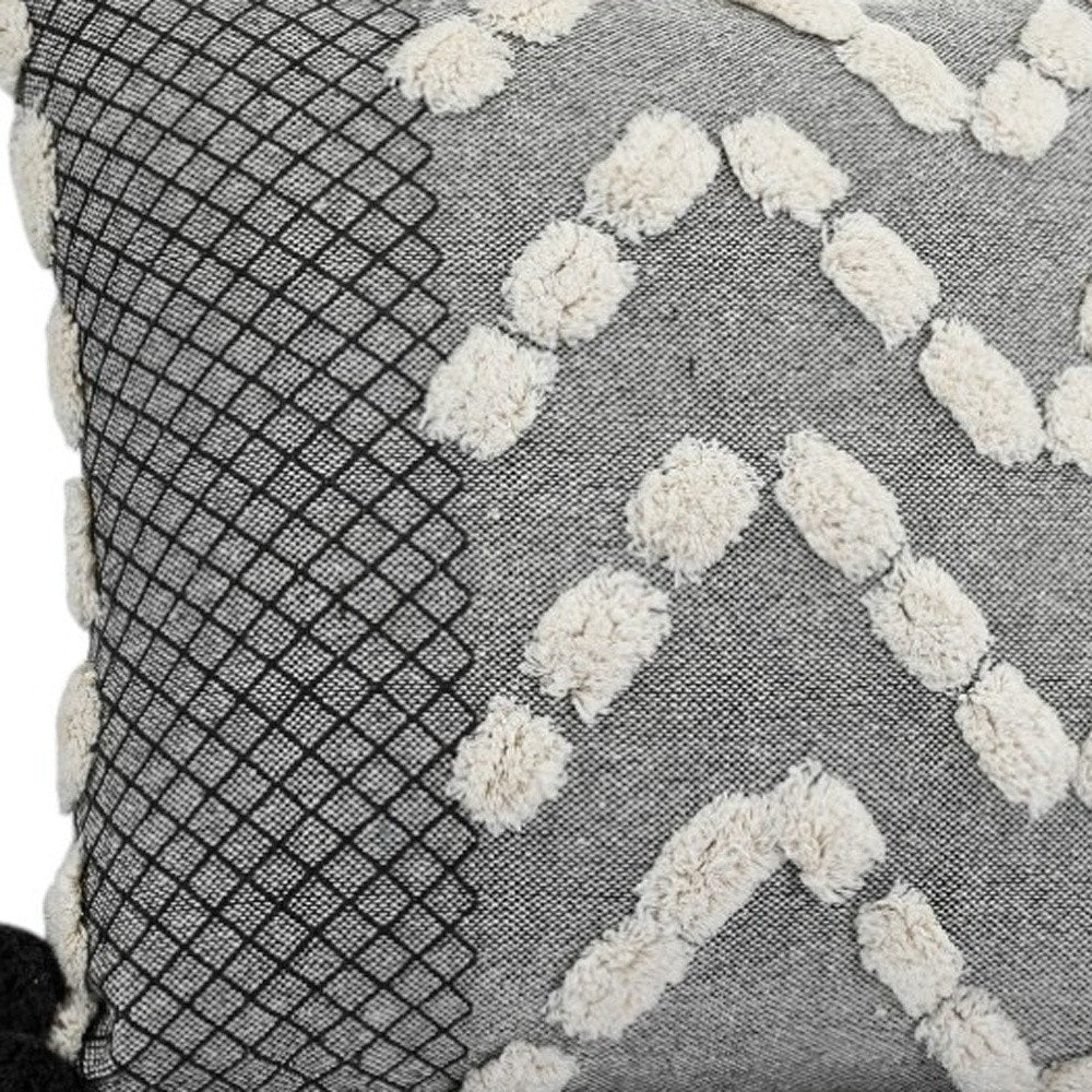 20" Black Gray And Cream Cotton Geometric Throw Pillow with Pompoms