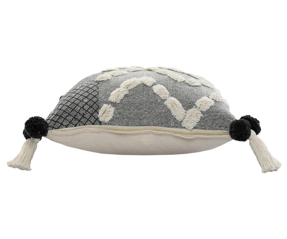 20" Black Gray And Cream Cotton Geometric Throw Pillow with Pompoms