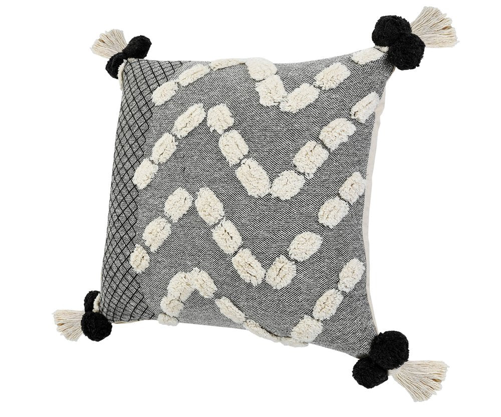 20" Black Gray And Cream Cotton Geometric Throw Pillow with Pompoms