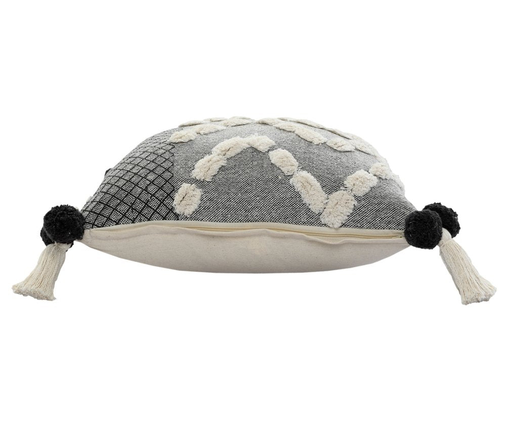 20" Black Gray And Cream Cotton Geometric Throw Pillow with Pompoms