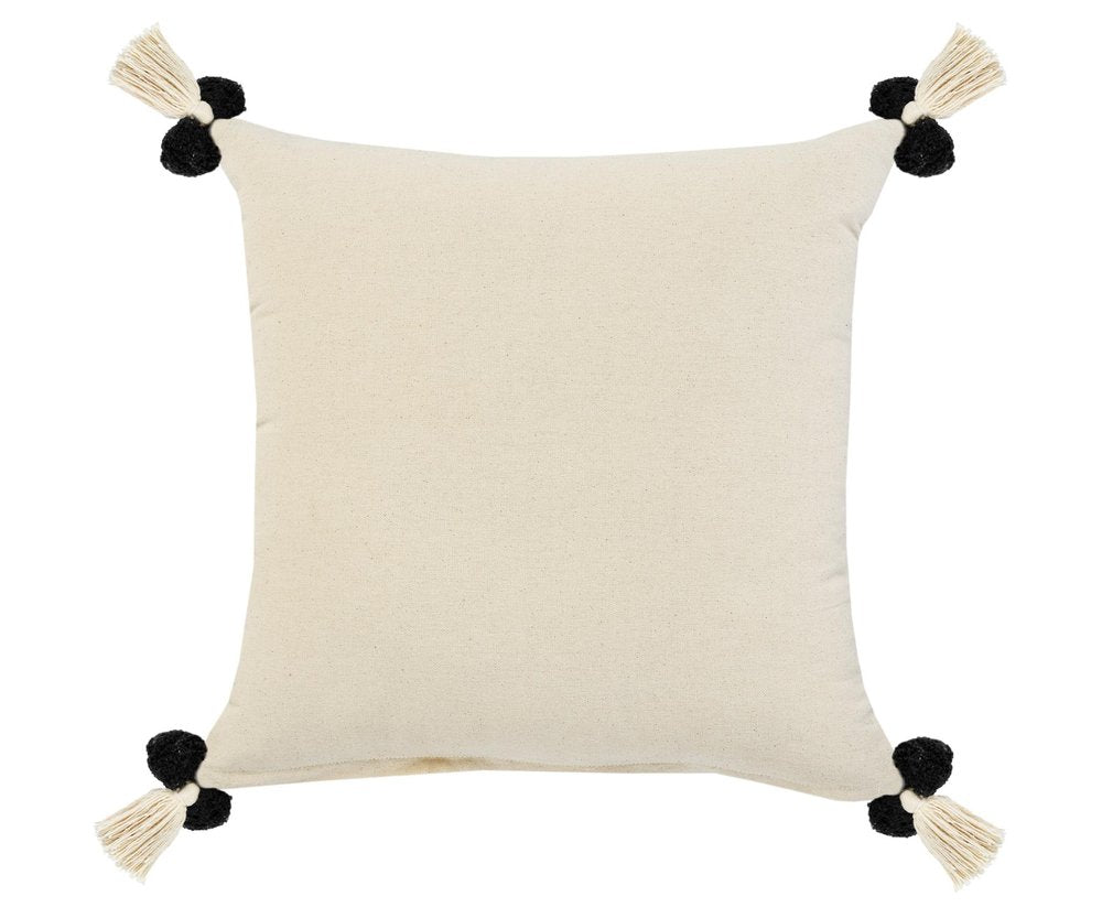 20" Black Gray And Cream Cotton Geometric Throw Pillow with Pompoms