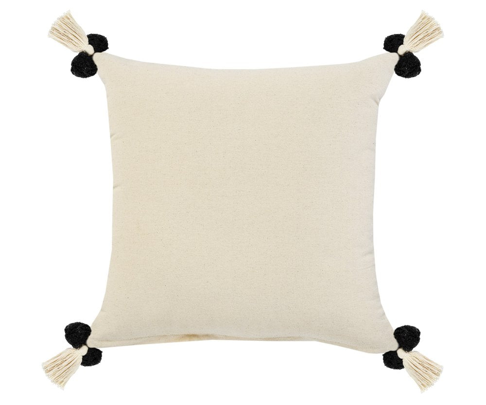 20" Black Gray And Cream Cotton Geometric Throw Pillow with Pompoms
