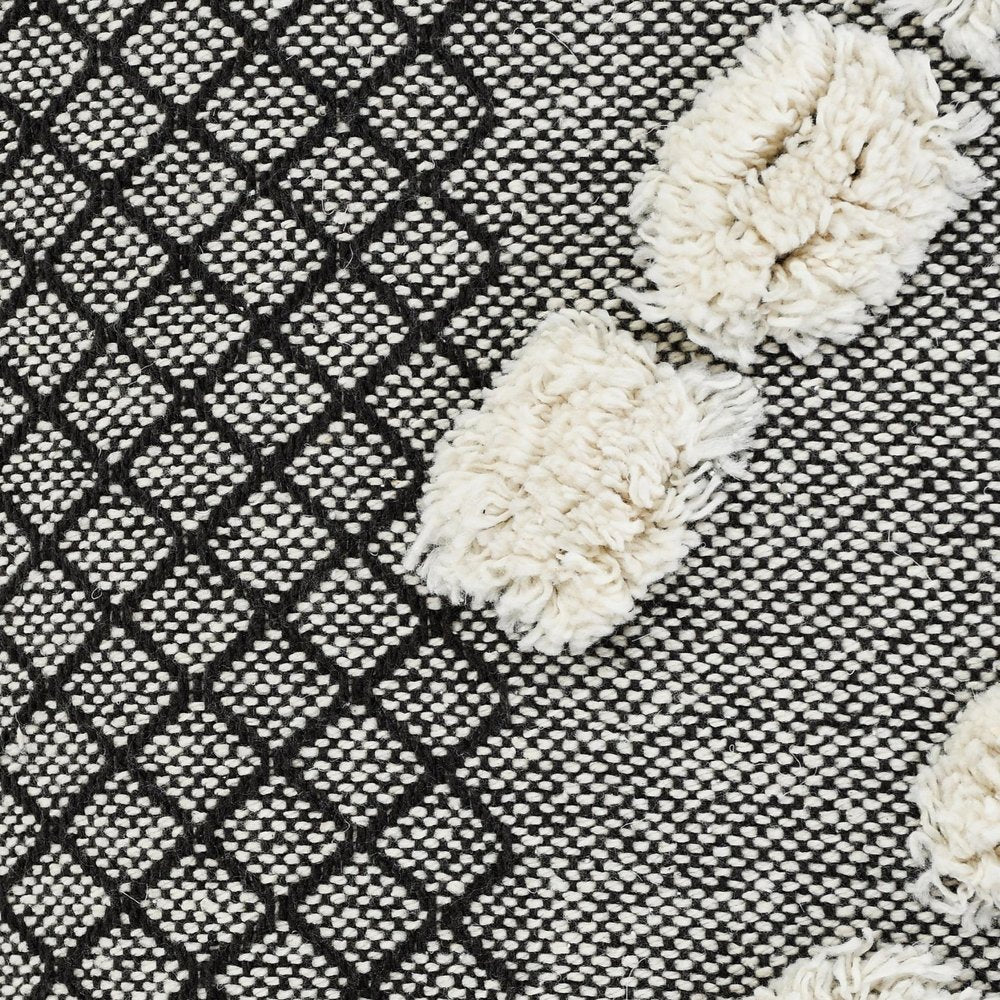 20" Black Gray And Cream Cotton Geometric Throw Pillow with Pompoms