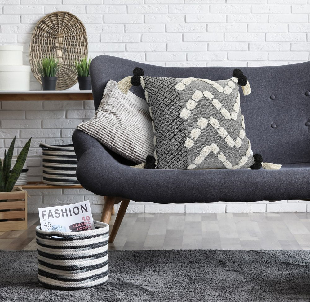 20" Black Gray And Cream Cotton Geometric Throw Pillow with Pompoms