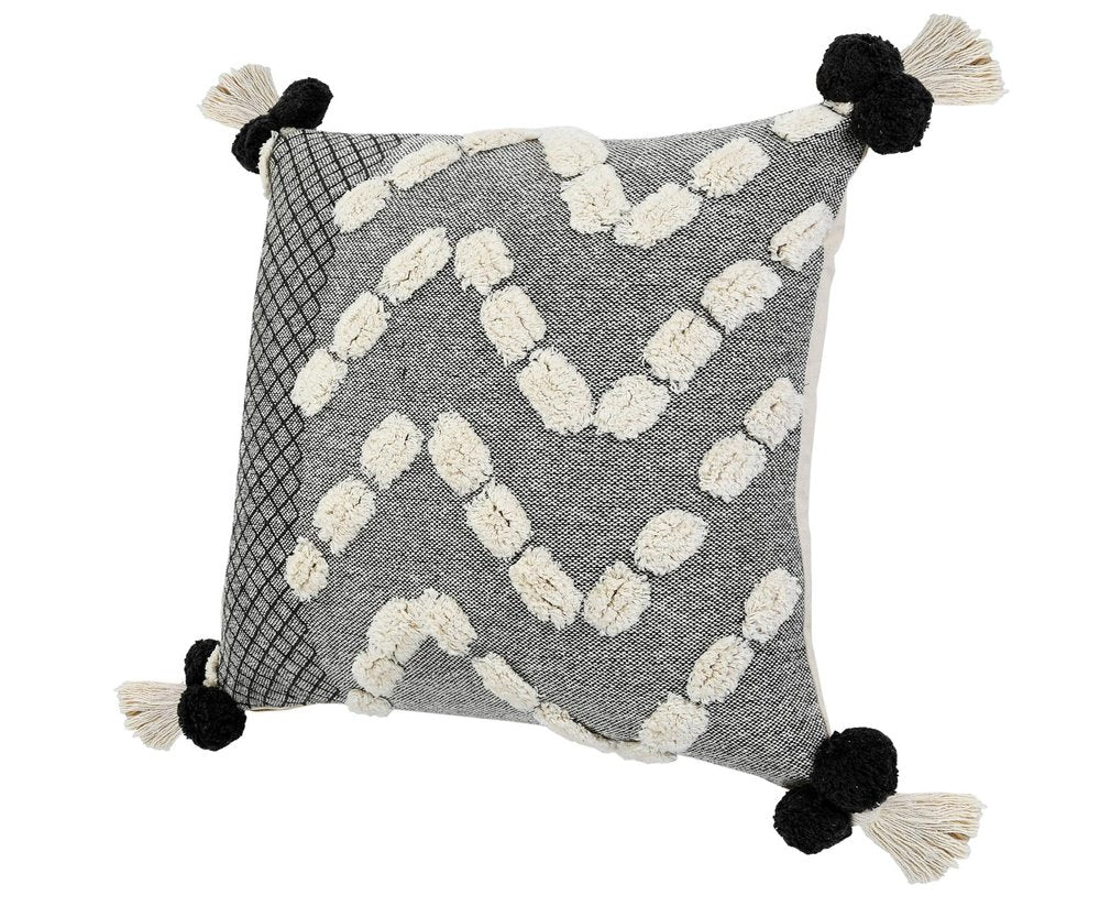 20" Black Gray And Cream Cotton Geometric Throw Pillow with Pompoms