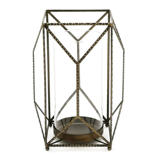 12" Gold Distressed Geometric Iron And Glass Floor Hurricane Candle Holder