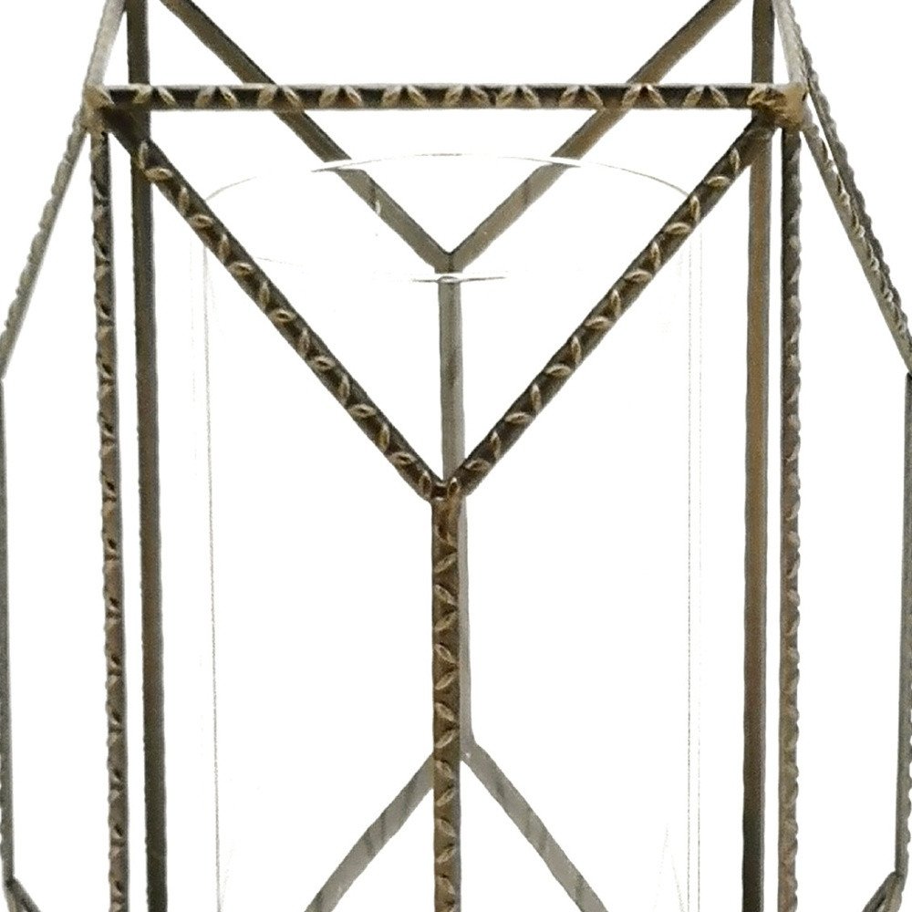 12" Gold Distressed Geometric Iron And Glass Floor Hurricane Candle Holder