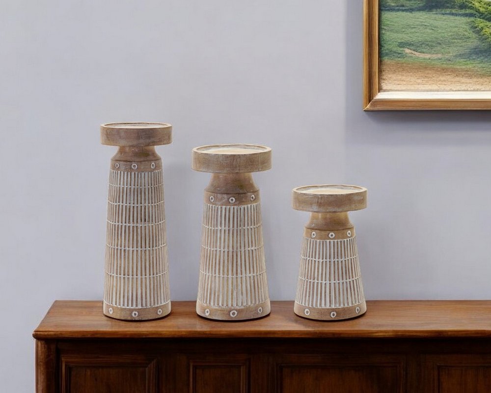 Set of Three Natural And White Distressed Geometric Polyresin Tabletop Pillar Candle Holders
